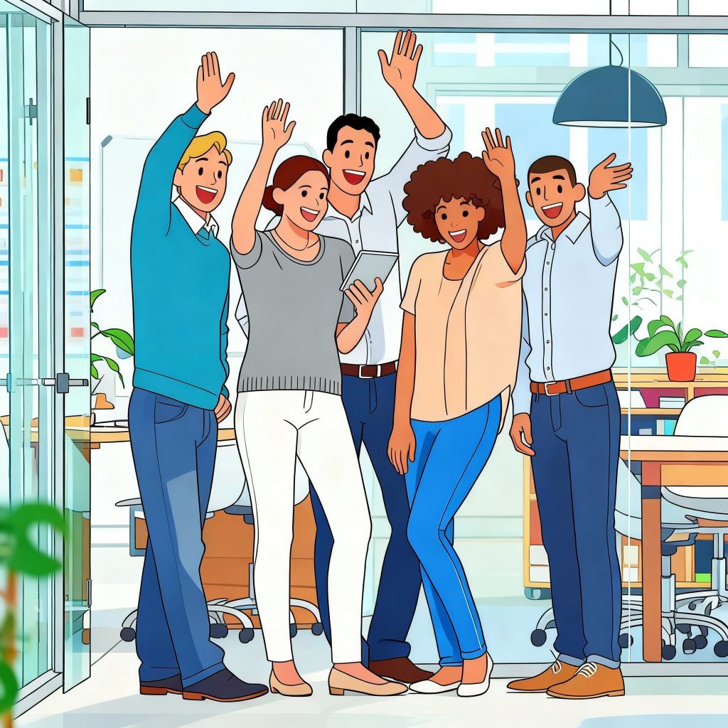 The vibrant energy of teamwork in this delightful cartoon scene depicts a diverse group thrives in a contemporary office setting. The joyful atmosphere not only highlights collaboration but also emphasizes the importance of work-life balance. Embrace the positivity and find inspiration for creating your own dream career!