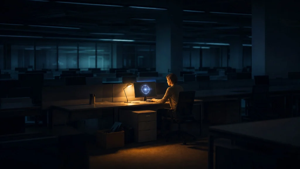 A lone professional sits at an empty desk in a vast cold corporate office, staring at a glowing AI screen, surrounded by rows of vacant workstations — representing human workers being removed by AI.