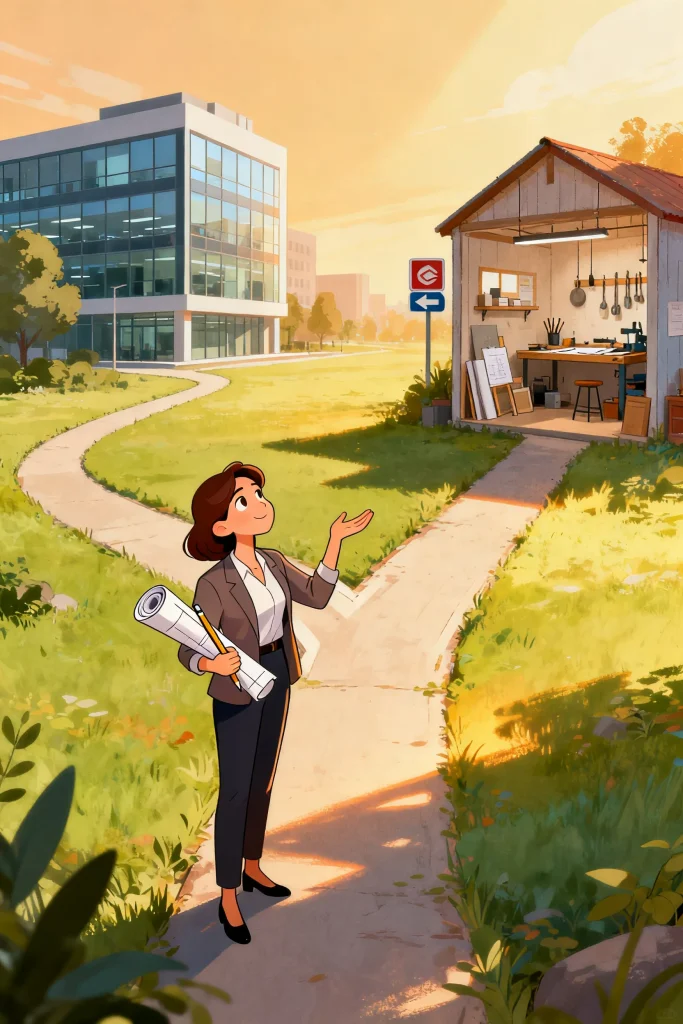 Illustration of a professional holding a blueprint at a fork in the path, weighing an office career against building her own work