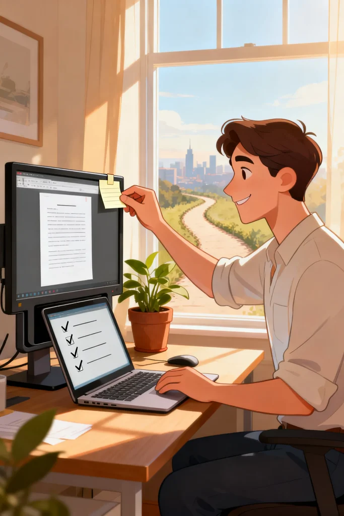 Illustration of a smiling professional at a tidy desk with a sticky note and checklist, set up so the next career step feels easy