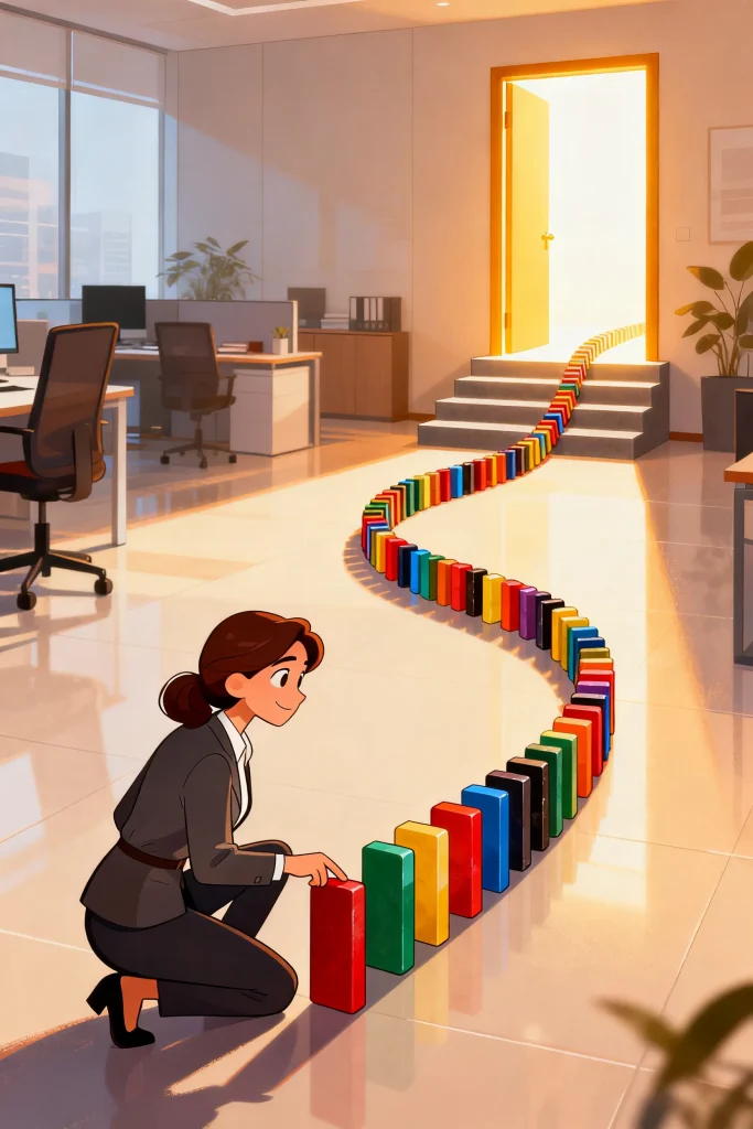 Illustration of a professional tipping the first domino in a long chain leading to an open door, showing one small change creating momentum