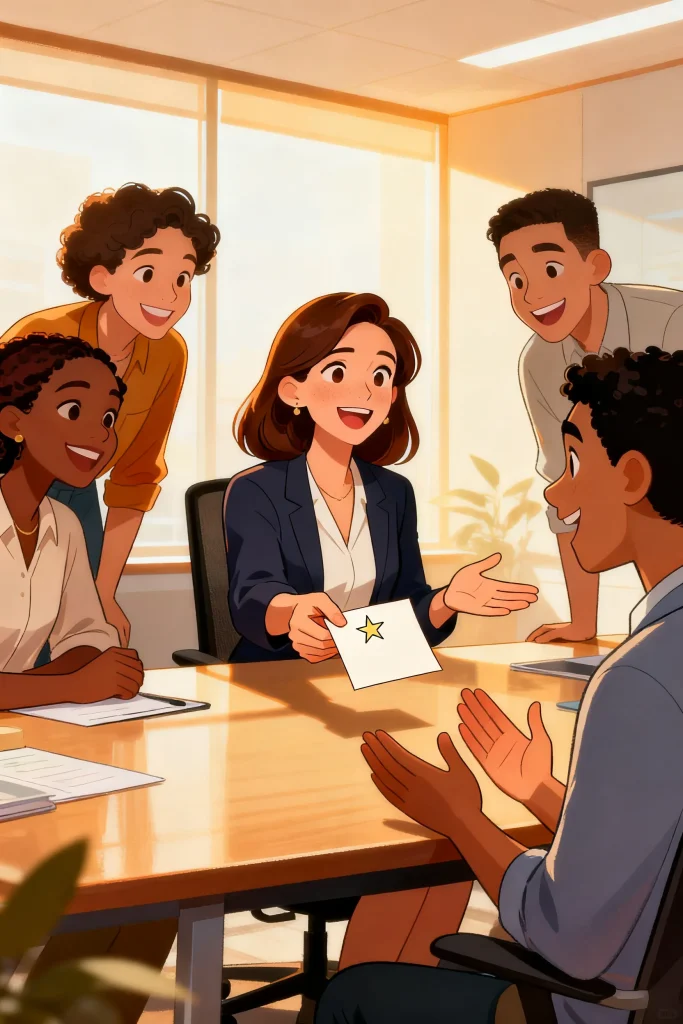 Illustration of a leader handing a thank-you card to a surprised team member at a shared table while the team smiles